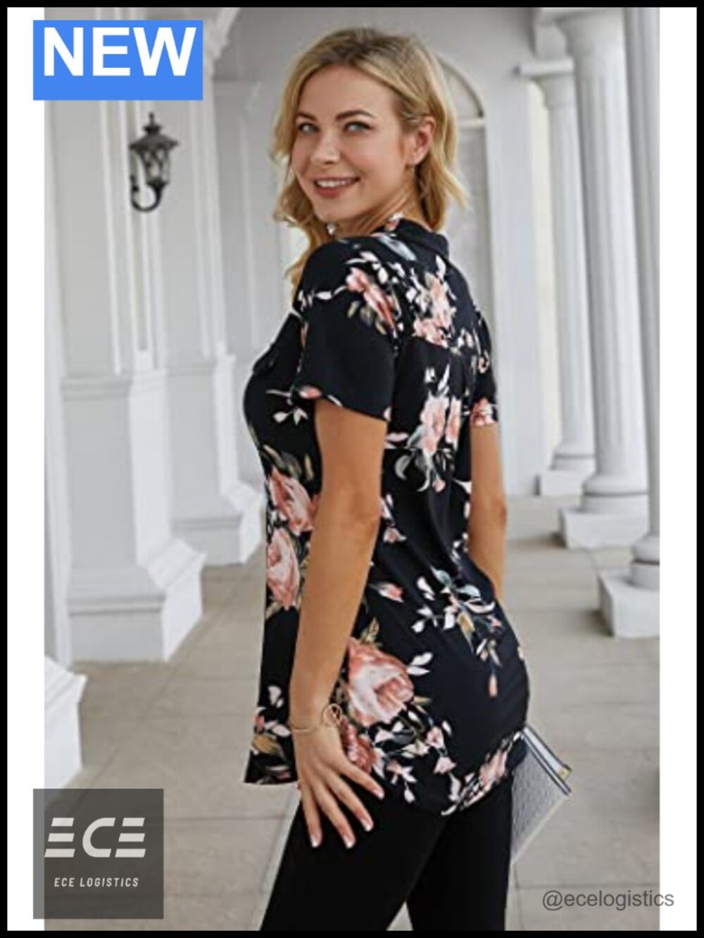 Womens Floral Tunic Blouse Short Sleeve Zip V-Neck Casual Top Workwear - Picture 2 of 6